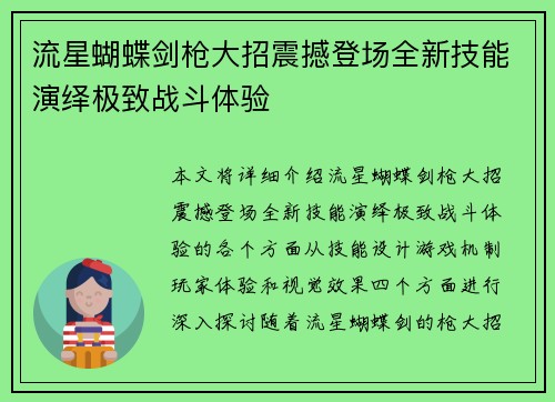 流星蝴蝶剑枪大招震撼登场全新技能演绎极致战斗体验